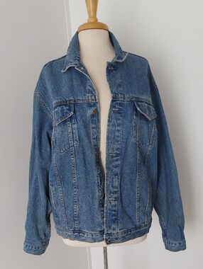 Port Authority light blue denim jacket with brown leather patch
